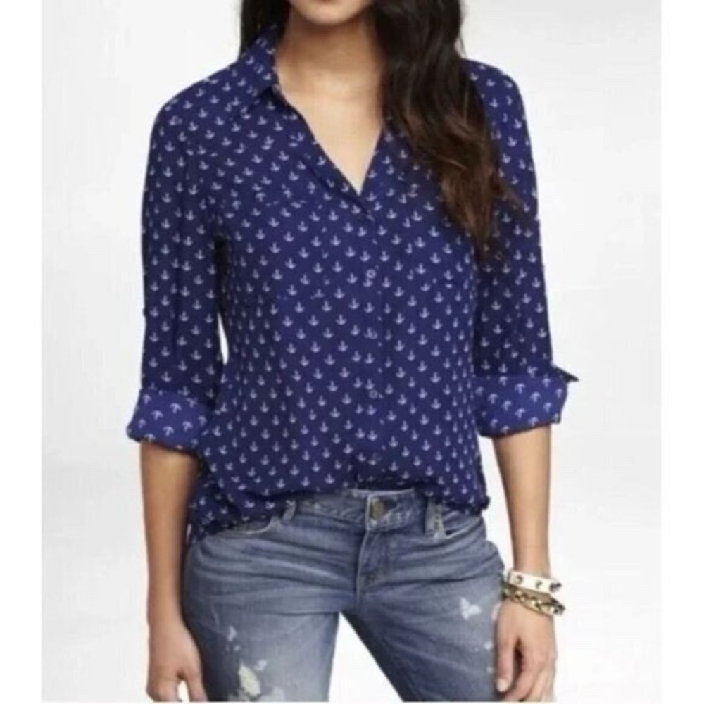 Express Portofino Blouse Top Shirt M Anchor Nautical Roll Sleeve Office Nautical